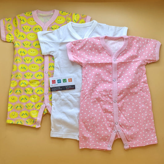 Pack of 3 Short Legs Rompers - Pink/White