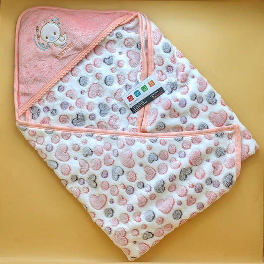 Hooded Blanket/Wrapping Sheet - Winter - Hearts/Dots