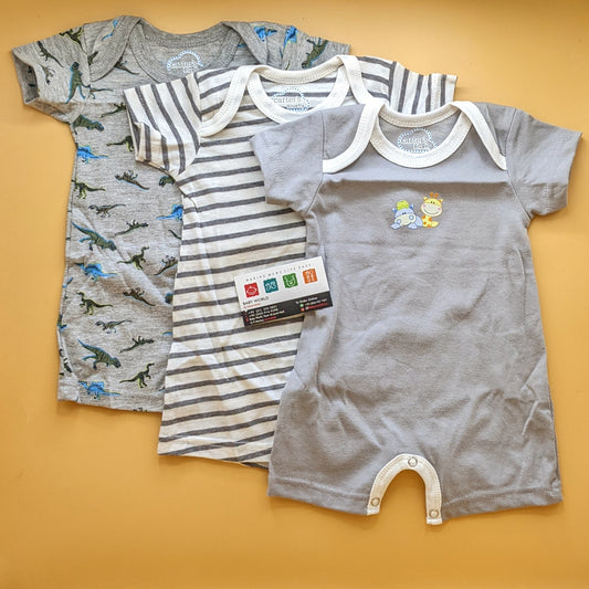 Pack of 3 Rompers - Dino - Grey