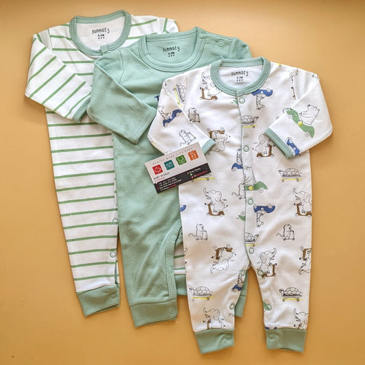 Pack of 3 Rompers/Sleep Suits - Green - Turtle 🐢