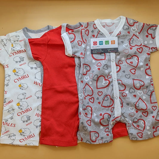 Pack of 3 Short Legs Rompers - Hearts - Grey/Red/White