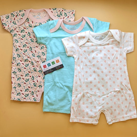 Pack of 3 Rompers - Mushrooms - Peach/Green/White