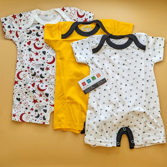 Pack of 3 Rompers - Stars - White/Mustard