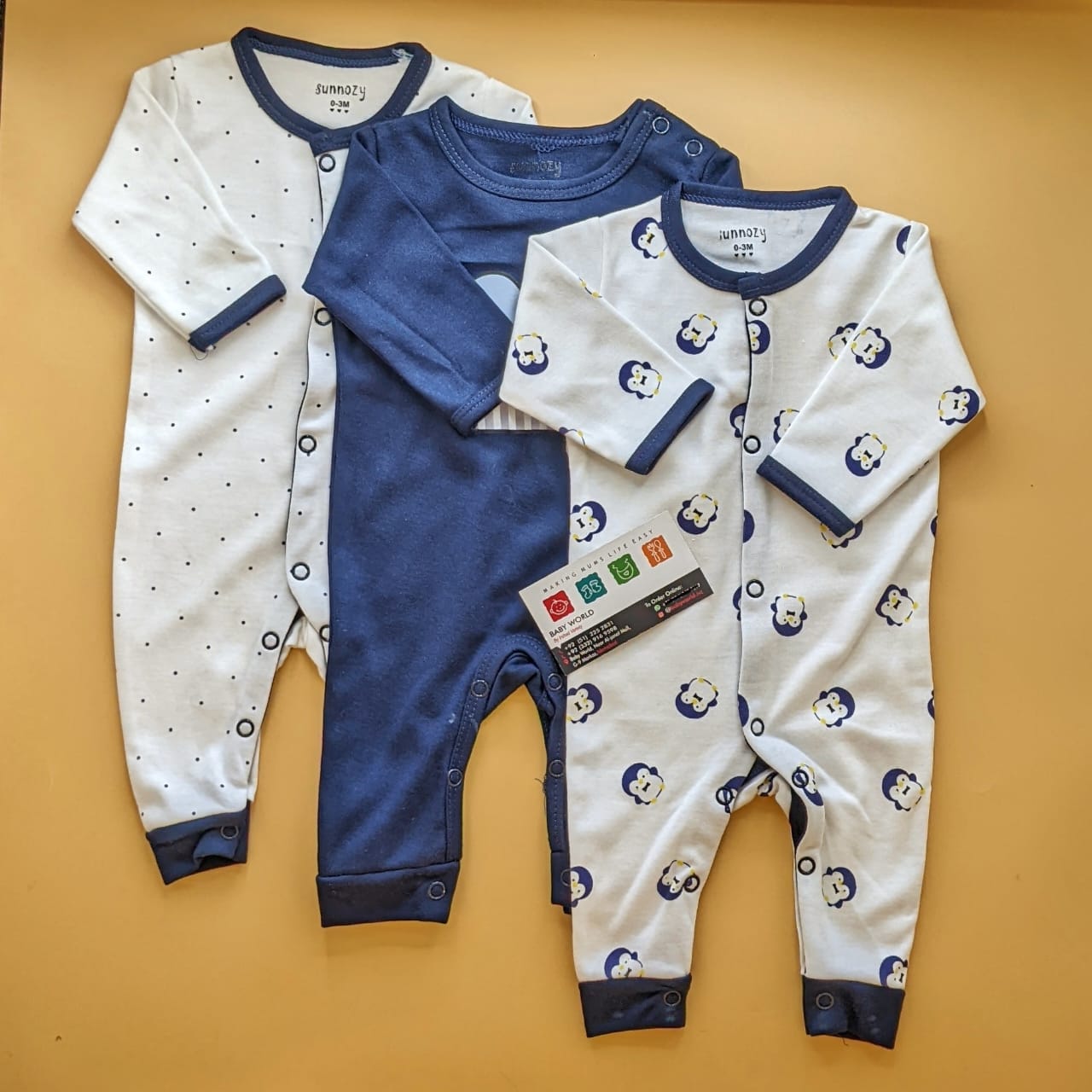 Pack of 3 Rompers/Sleep Suits - Navy Blue - Penguin 🐧