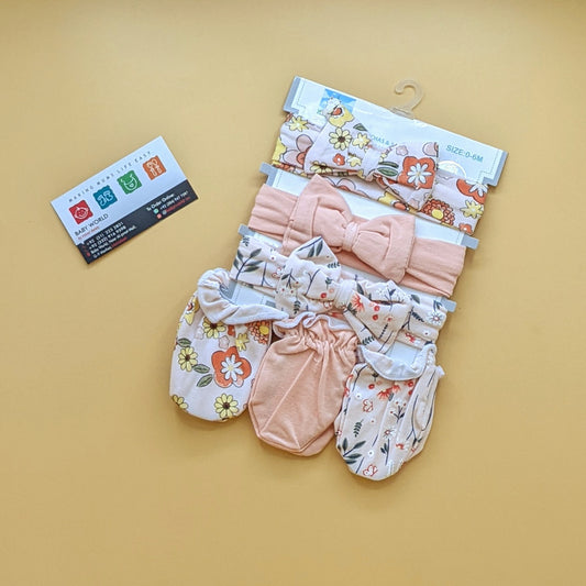 Pack of 3 Headbands & Mittens Set - Floral - Beige/Peach