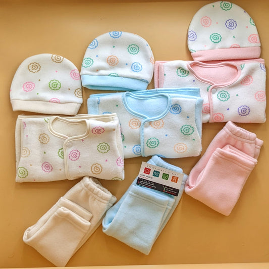 Pack of 3 Suits with Cap - Winter - Flower - Beige/Baby Pink/Light Blue