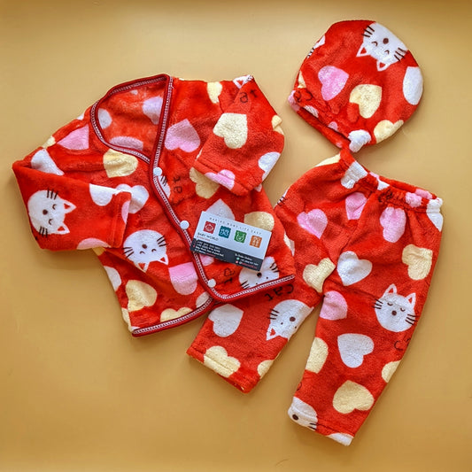 Baby Suit with Cap - Kitty/Hearts - Winter